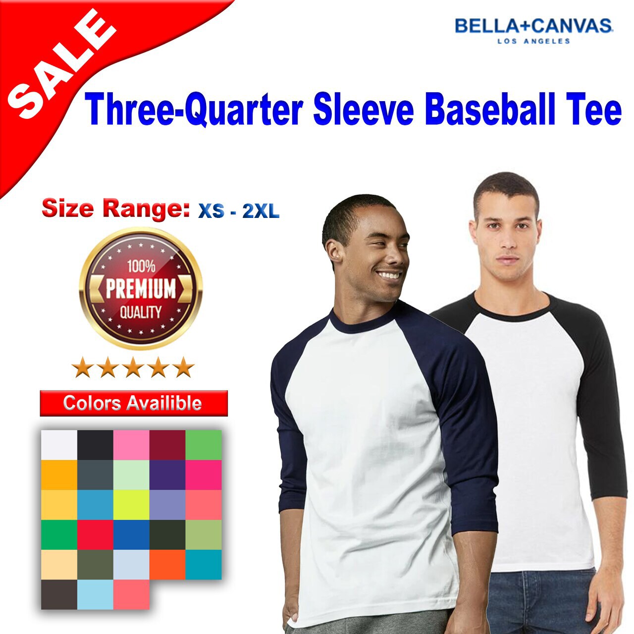 BELLA + CANVAS® Three-Quarter Sleeve Baseball Tee